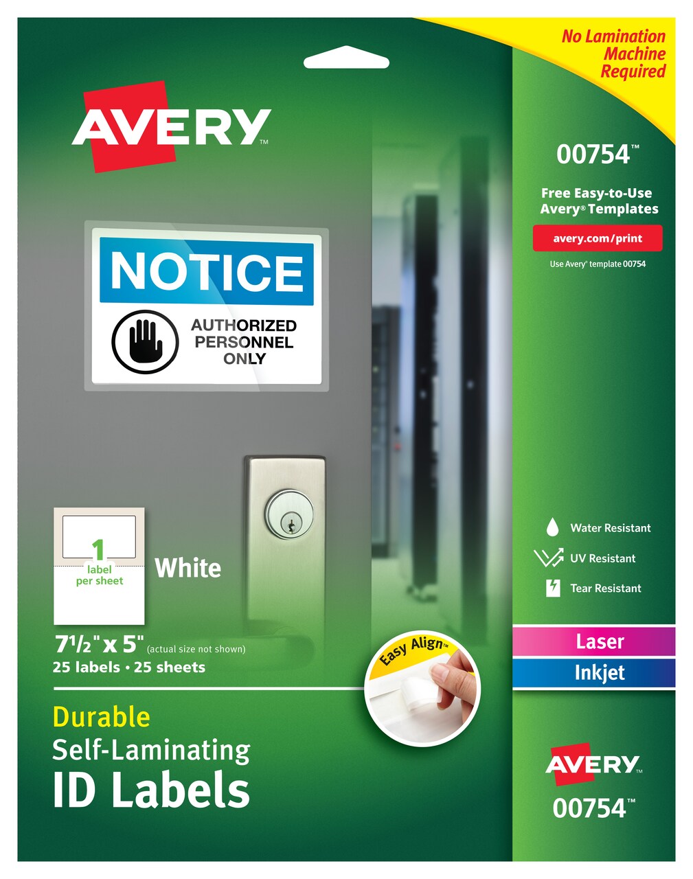 Avery Easy Align Self-Laminating ID Labels, Permanent Adhesive, 5 x 7-1/2&#x22;, 25 Labels (00754)